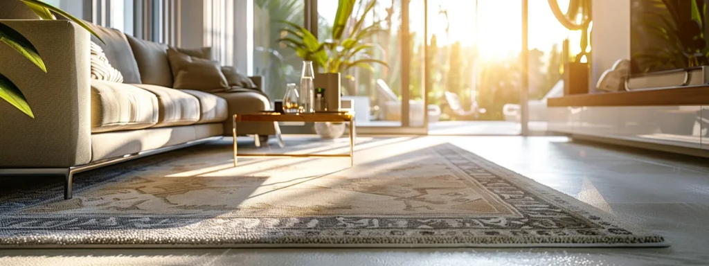 a modern, spacious living room with a plush, vibrant carpet being meticulously cleaned with advanced, high-powered equipment, showcasing sparkling results against a sleek, contemporary interior.