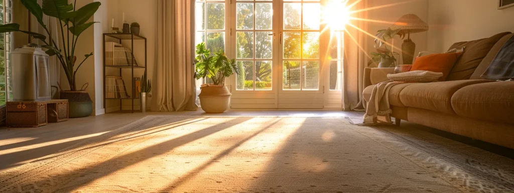 a pristine and vibrant living room features a deep-cleaned carpet, exemplifying the transformative power of hot water extraction, with sunlight streaming through a window to highlight its restored beauty and cleanliness.