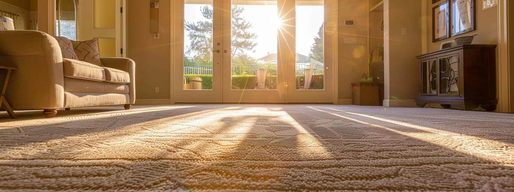 a pristine living room features a beautifully clean carpet and tiled floor, bathed in warm natural light, showcasing the transformative effects of professional carpet and upholstery cleaning services in houston.