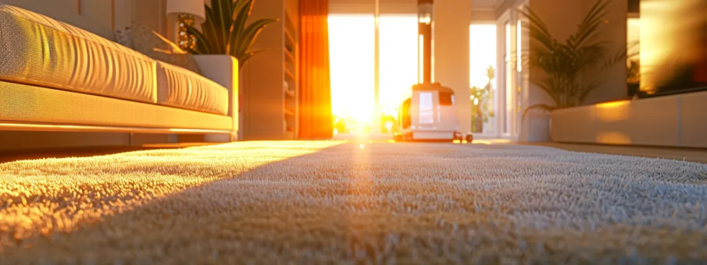 a pristine, modern living room showcases a vibrant, freshly cleaned carpet illuminated by soft, ambient lighting, highlighting the rich textures and colors while a professional-grade carpet cleaning machine is subtly positioned in the corner.