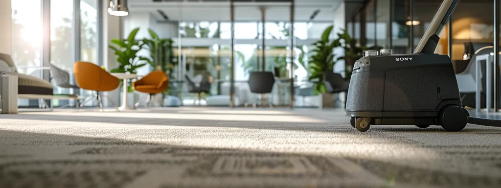 a pristine, modern office space featuring a sleek carpet cleaning machine in action, showcasing vibrant, freshly cleaned carpets that highlight the contrast between dirt and cleanliness, illuminated by bright, artificial lighting.