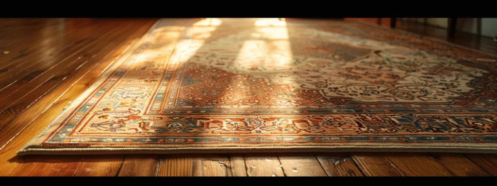 a pristine oriental rug lies elegantly on a vibrant hardwood floor, illuminated by soft natural light, showcasing its intricate patterns while evoking a sense of careful preservation through the dry cleaning process.