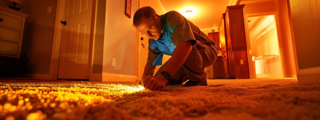 a professional carpet cleaning technician diligently inspects a vibrant, freshly cleaned carpet in a well-lit houston home, highlighting the importance of expertise and quality in stain removal services.