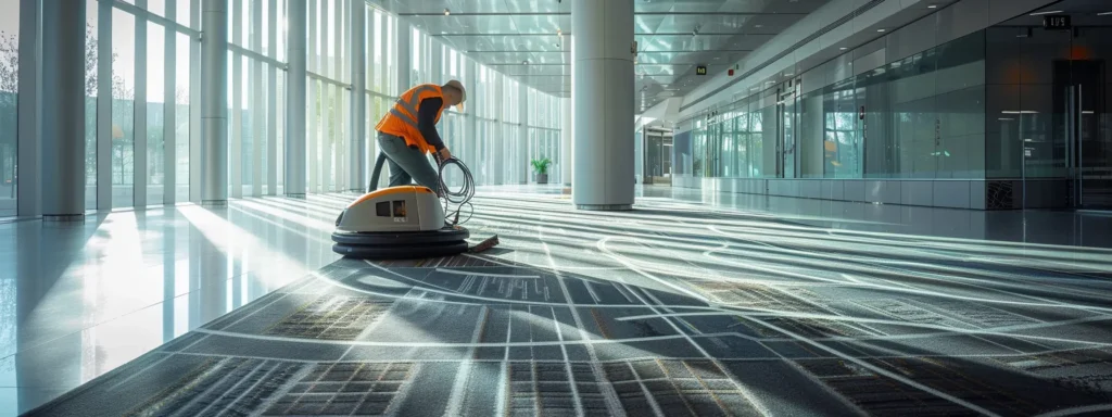 a sleek, modern office space features a professional cleaning technician expertly using advanced equipment to restore the vibrant colors of an intricately patterned carpet, highlighting the contrast between the pristine and soiled areas.