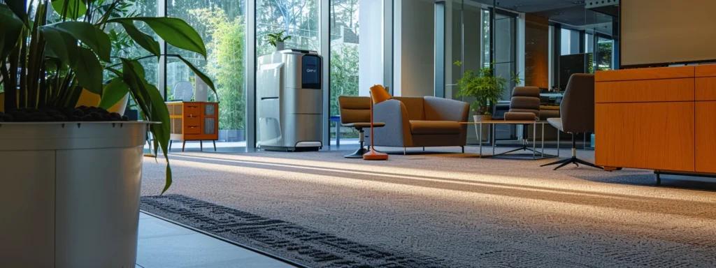 a state-of-the-art carpet cleaning machine occupies a modern, well-lit office space, showcasing vibrant, freshly cleaned carpets gleaming against sleek furniture and minimalistic decor, emphasizing a pristine and professional environment.