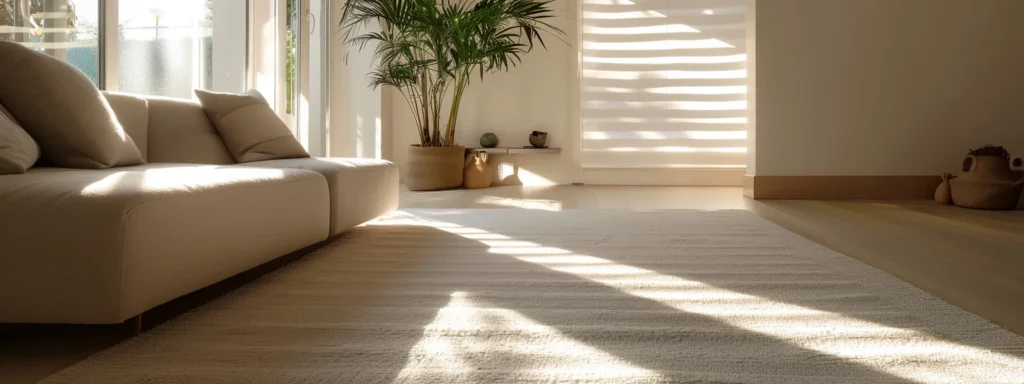 a stunning, freshly cleaned living room showcases plush, vibrant carpets, illuminated by soft natural light filtering through the window, highlighting the immaculate finish achieved through expert carpet stain removal services.