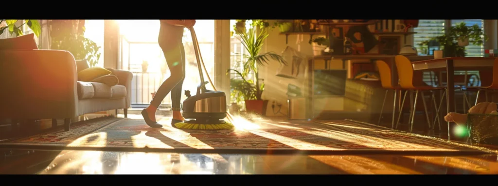 a vibrant, dynamic scene capturing a professional carpet cleaner using a rotating bonnet cleaning pad amidst a sunlit room filled with freshly cleaned carpets, showcasing the swift transformation of plush textures and rich colors in a high-traffic setting.