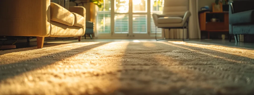 a vibrant, freshly cleaned carpet stretches across a sunlit living room, showcasing its rich colors and plush texture against a backdrop of neatly arranged, contemporary furniture.