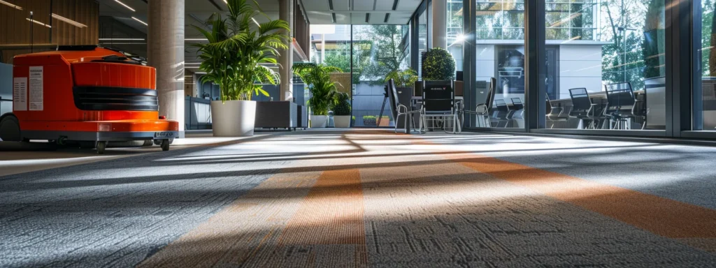 a vibrant, modern office space showcases a professional carpet cleaning operation in progress, with gleaming machinery and fresh, spotless carpets, highlighting the service's efficiency and commitment to cleanliness.