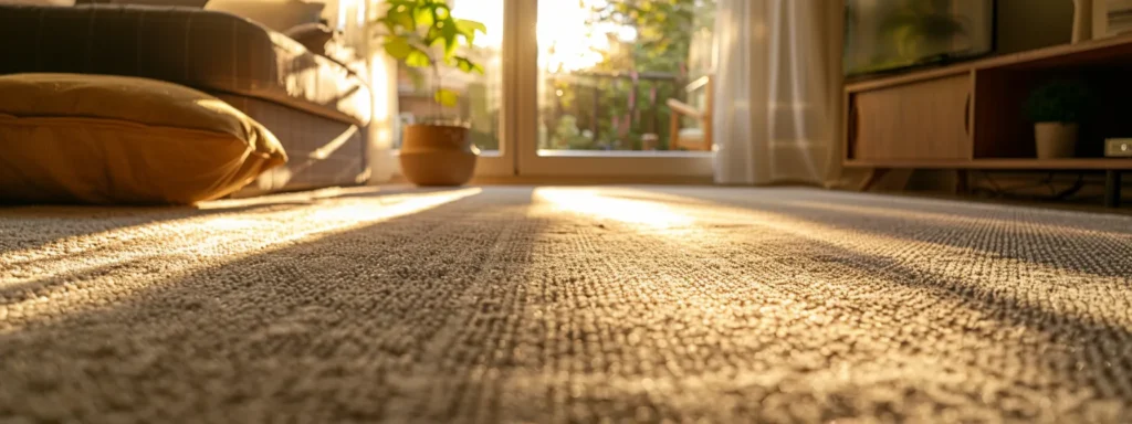 a pristine, freshly cleaned carpet in a sunlit living room showcases rich textures and vibrant colors, inviting warmth and comfort while hinting at the effective maintenance practices that keep it stain-free.