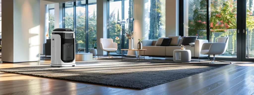 a bright, modern office space features a professional demonstrating various innovative carpet cleaning techniques, including a sleek steam cleaner and a high-tech carpet extractor, against a backdrop of impeccably maintained rugs showcasing their pristine cleanliness.