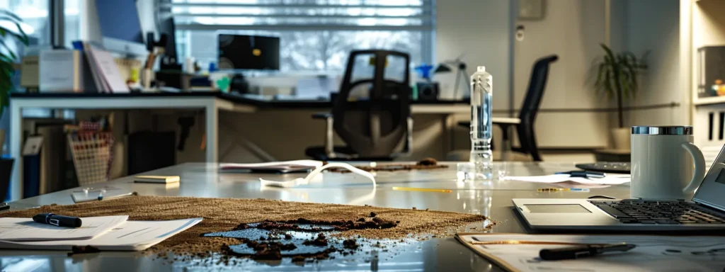 a meticulously organized office workspace showcases various carpet cleaning solutions prominently displayed on a sleek desk, with a stained carpet in the foreground highlighting the challenges of tough stains, illuminated by bright, focused artificial lighting for a professional atmosphere.