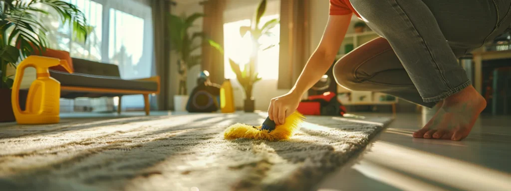 a modern, brightly-lit home interior features a focused individual expertly treating a stubborn carpet stain, surrounded by a variety of cleaning tools and products that convey an atmosphere of effective diy carpet care.