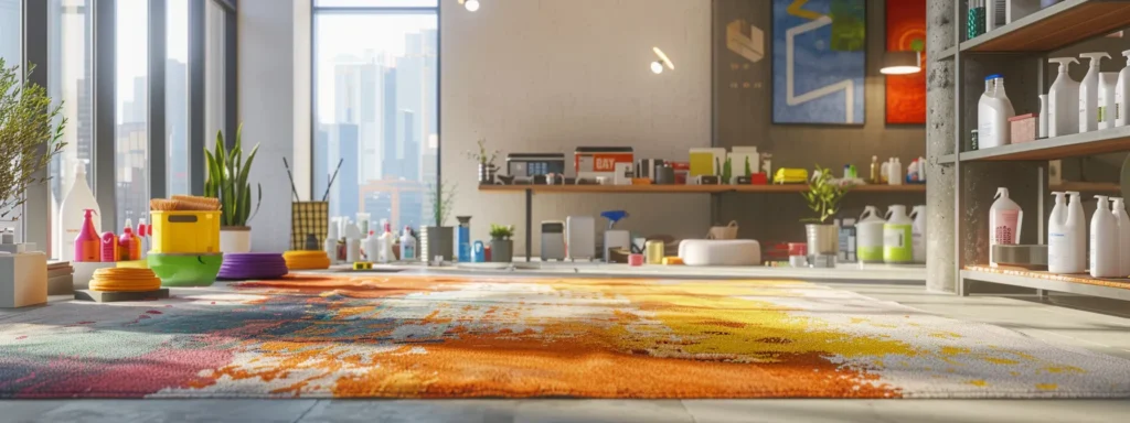 a modern, well-lit office space features a vibrant, stained carpet being treated with a powerful carpet shampoo, surrounded by various leading brand bottles and practical cleaning tools, emphasizing the battle against tough stains.