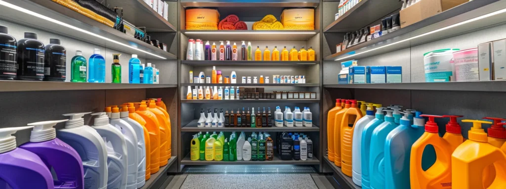 a modern, well-lit cleaning supply closet filled with various colorful carpet stain removal products, showcasing an organized approach to tackling tough stains in a sleek urban setting.