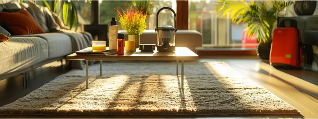a modern, well-lit living room features a plush carpet in the center, with a sleek vacuum and an array of colorful carpet shampoos arranged neatly on a stylish coffee table, emphasizing a theme of carpet care and effective cleaning methods.