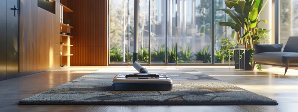 a modern, well-lit office space features a stylish area rug that gleams under warm overhead lighting, with a sleek vacuum cleaner prominently positioned ready for use, symbolizing the importance of routine carpet maintenance and cleanliness.