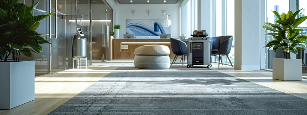 a sleek, modern office setting featuring a polished carpet care station, equipped with vibrant cleaning tools, neatly organized product reviews, and an inviting atmosphere that conveys expertise in carpet maintenance.