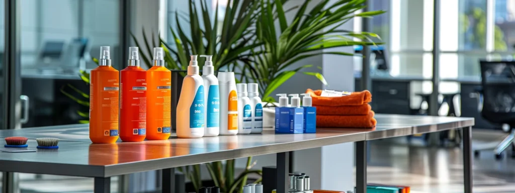 a well-organized, modern office layout showcases a variety of prominent carpet shampoo products displayed on a sleek table, with vibrant labels highlighting their unique stain-fighting features against a polished backdrop.