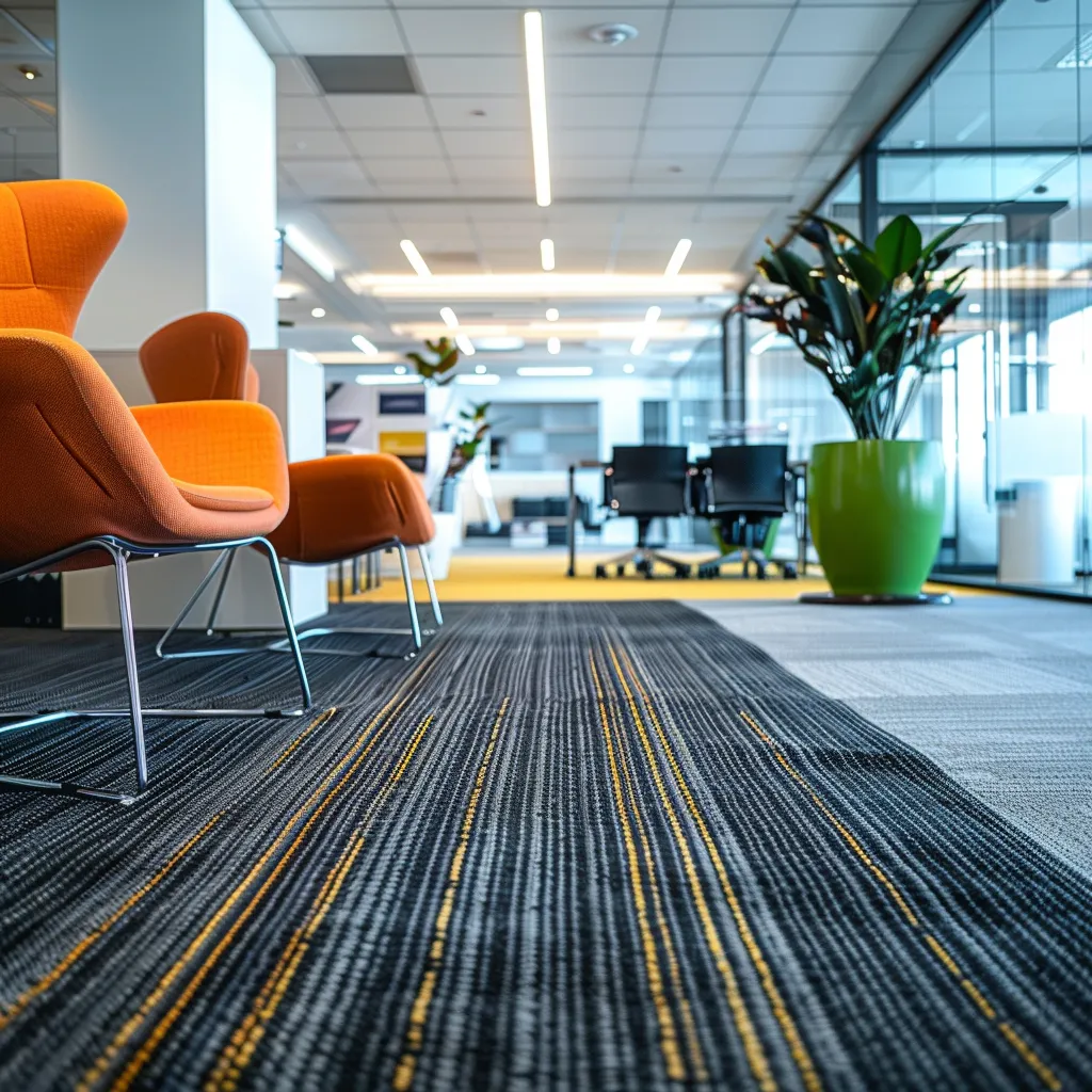 an inviting and impeccably clean carpeted office space showcases a high-quality carpet cleaning machine in action, with vibrant colors and polished furniture reflecting a professional atmosphere dedicated to impeccable cleanliness.