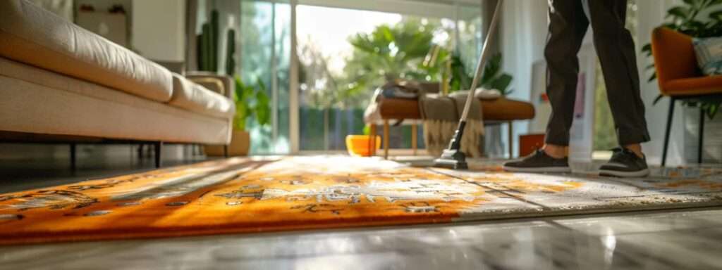 a bright and modern home interior showcases a professional technician using advanced equipment to clean a vibrant area rug, highlighting the innovative pet stain removal services available in houston.