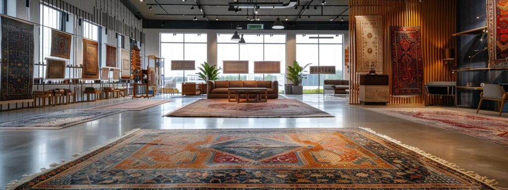 a focused interior shot captures local rug cleaning specialists meticulously analyzing various types of rugs in a well-lit, modern office space, surrounded by detailed materials and equipment showcasing their professional preparation process.