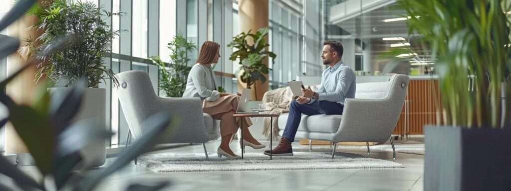 a gleaming, professional office setting showcases a satisfied client and a cleaning technician engaged in a consultation, highlighting a freshly cleaned carpet that vividly illustrates the success of innovative pet stain removal techniques while emphasizing the commitment to customer satisfaction in houston.