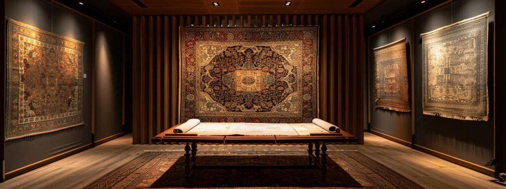 a meticulously arranged indoor rug cleaning studio showcases a pristine antique rug draped over a specialized cleaning table, illuminated by soft, focused lighting that highlights its intricate patterns and luxurious texture, emphasizing the expert care and attention required for high-value textiles.