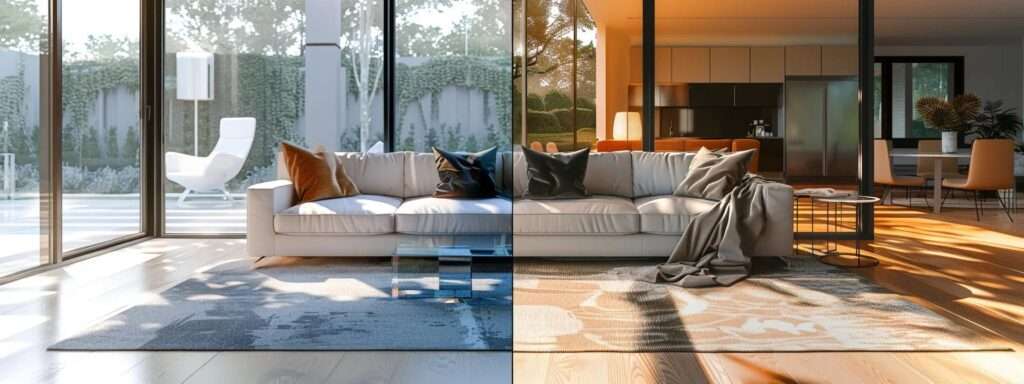 a modern houston interior showcases a professional steam cleaning service in action, with vibrant upholstery before and after treatment, highlighting the dramatic difference in stain removal and fabric restoration under bright, focused lighting.