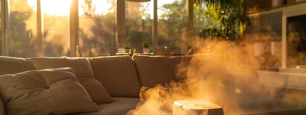 a modern houston living room features plush, freshly steam-cleaned upholstery, gleaming in the warm glow of stylish overhead lights while a sleek steam cleaning machine emits visible vapor, emphasizing the clean and disinfected environment.