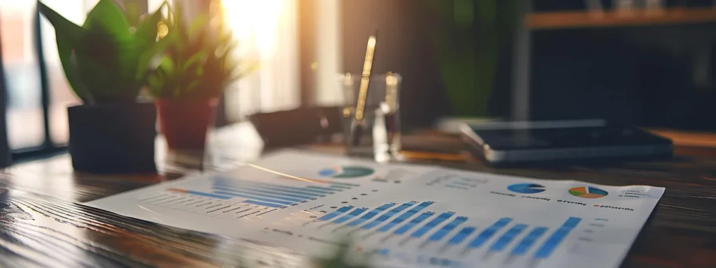 a modern office setting features a sleek conference table adorned with detailed pricing charts and vibrant infographics, emphasizing the competitive analysis of local versus national carpet cleaning services under dynamic overhead lighting.