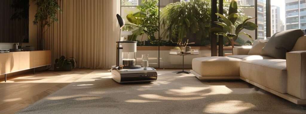 a modern, sleek carpet cleaning service in a well-lit urban office, showcasing advanced cleaning equipment and a knowledgeable technician expertly removing stubborn pet stains from a plush carpet, highlighting professionalism and commitment to eco-friendly practices.
