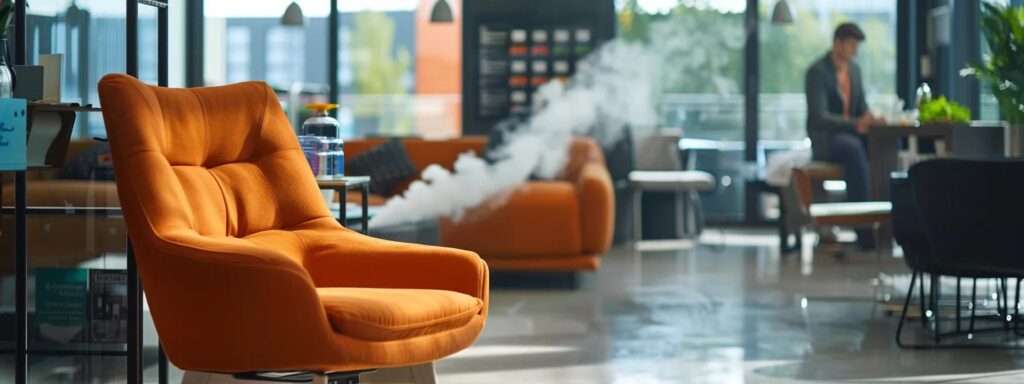 a modern, sleek office space features a steam cleaning technician using advanced equipment on a vibrant upholstered chair, showcasing the effectiveness of steam cleaning compared to other methods as a chart of cleaning options is subtly displayed in the background.