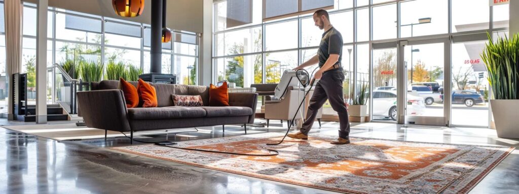 a modern, well-lit carpet cleaning facility showcases a technician expertly applying vibrant, eco-friendly cleaning solutions on a luxurious rug, emphasizing the commitment to green, non-toxic methods in a sleek, urban environment.