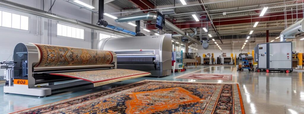 a pristine, modern rug cleaning studio showcases an advanced hot water extraction machine in action, with vibrant rugs being revitalized under bright overhead lights that illuminate the rich textures and colors of the fabrics.