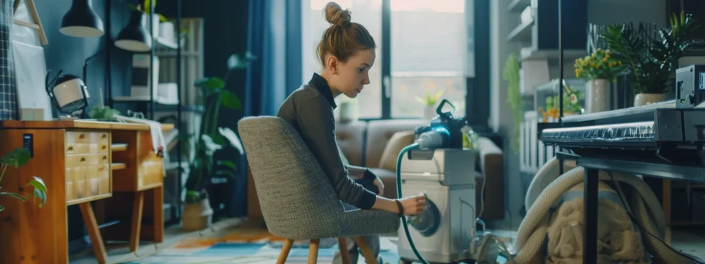 a professional carpet cleaning technician in a tidy urban office space discusses tailored cleaning solutions with a client, highlighted by an array of tools and products that emphasize local service personalization versus national brand uniformity.