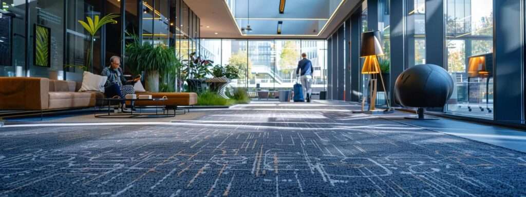 a professional carpet cleaning technician operates advanced equipment in a modern urban office space, showcasing vibrant, freshly cleaned carpets that contrast sharply with stubborn pet stains removed from the fabric.