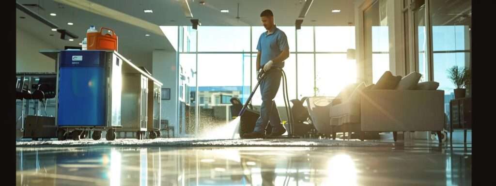 a professional carpet cleaning technician meticulously operates a high-powered hot water extraction machine in a modern, well-lit houston office, showcasing his expertise in pet stain removal with vibrant, clear carpets and visible cleaning equipment.