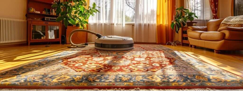 a professional carpet cleaning technician in an immaculately organized urban living room uses advanced steam cleaning equipment on a vibrant, intricate area rug, showcasing the effectiveness of eco-friendly stain removal methods.