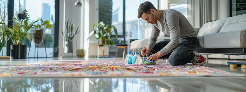a professional carpet cleaning expert is meticulously treating a vibrant area rug in a modern office setting, showcasing advanced stain and odor removal techniques with an array of specialized cleaning products neatly organized on a sleek, polished surface.