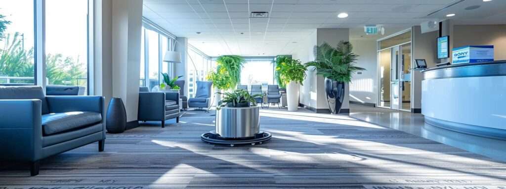 a sleek, modern carpet cleaning office in houston showcases advanced cleaning equipment and eco-friendly products, illustrating innovative methods for efficient pet stain removal in a clean and bright indoor environment.