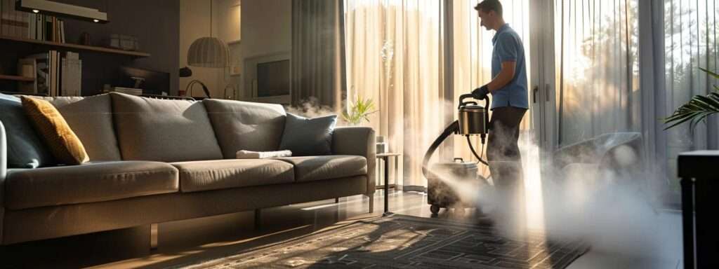 a sleek, modern living room featuring a professional steam cleaning technician skillfully using a high-tech steam cleaner on a luxurious, upholstered sofa, with visible steam rising and illuminating the space, emphasizing a clean and allergen-free environment.
