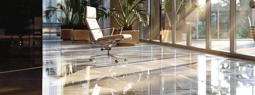 a sleek, modern office setting in houston showcases a professional steam cleaning service in action, highlighting an upscale upholstered chair being rejuvenated, with vivid reflections from polished surfaces and dynamic shadows cast by ambient lighting.