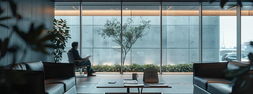 a sleek, modern office showcasing a professional sitting calmly at a conference table, thoughtfully reviewing brochures from local carpet cleaning services and national chains, illuminated by dramatic overhead lighting to emphasize the decision-making process.