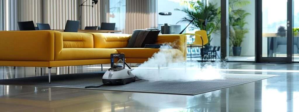 a sleek, modern office space features a professional steam cleaner in action, showcasing vibrant upholstery being carefully treated, emphasizing the importance of safety measures and maintenance for delicate fabrics in both residential and commercial settings.