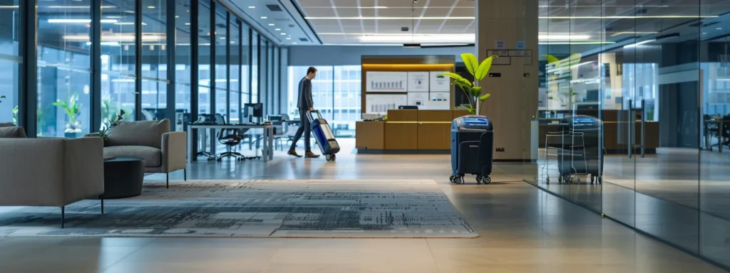 a sleek, modern office space featuring a professional evaluating a high-quality carpet cleaner against a backdrop of certification documents, customer feedback charts, and advanced cleaning equipment, all illuminated by bright, focused lighting to emphasize the assessment process.