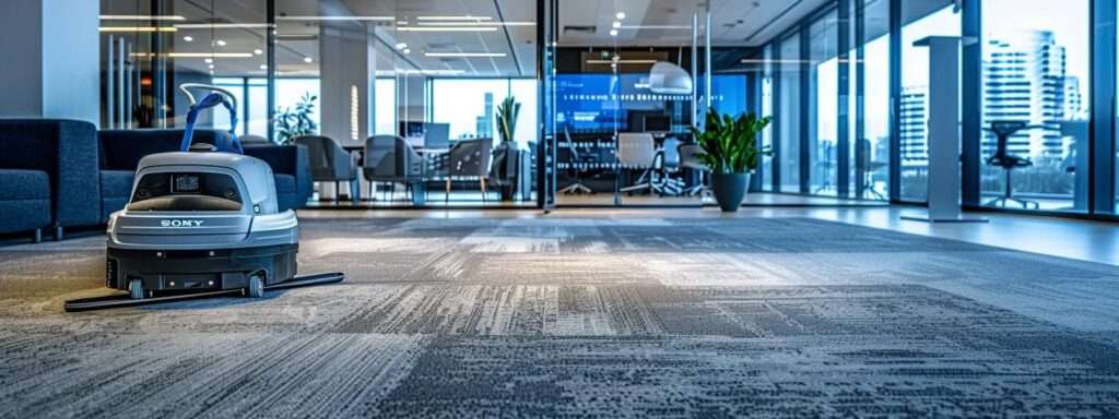 a sleek, modern office space showcases a professional carpet cleaning technician utilizing advanced steam cleaning equipment, surrounded by bright, clean carpets and a digital display of eco-friendly certifications, capturing the essence of innovative and effective stain removal services.
