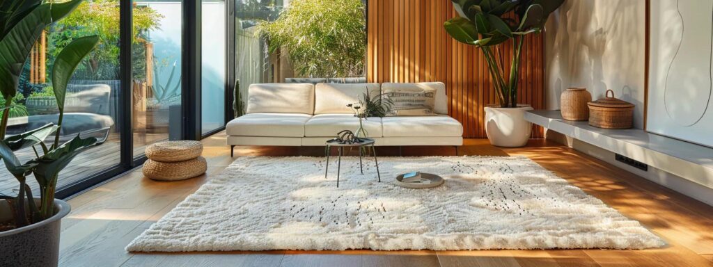 a striking indoor scene captures a beautifully cleaned rug displayed prominently in a modern, minimalist living room, accented by professional rug care tools and expert tips elegantly presented on a nearby table, emphasizing the importance of post-cleaning maintenance.