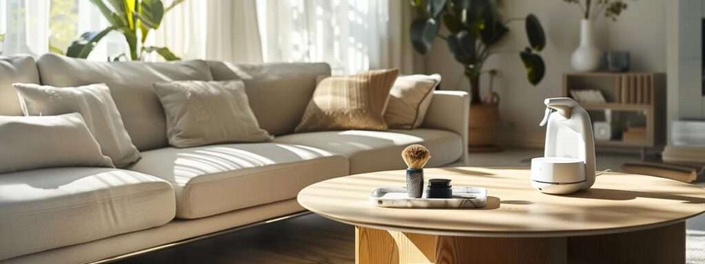 a bright, modern living room showcases pristine natural upholstery fabrics, with a sleek cleaning kit elegantly arranged on a minimalist coffee table, emphasizing the gentle care required for their maintenance.