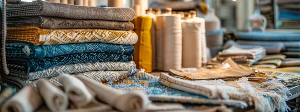 a meticulously arranged upholstery workshop features various fabric swatches and cleaning products, conveying the essential significance of upholstery cleaning codes in maintaining fabric integrity and durability.